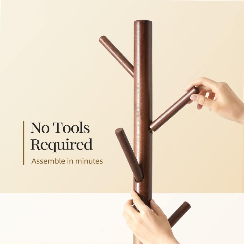 Pipishell Sturdy Wooden Coat Tree with 8 Hooks, 3 Adjustable Sizes for Clothes, Hat Stand Used in Bedroom/Office/Entryway, Brown - Image 4